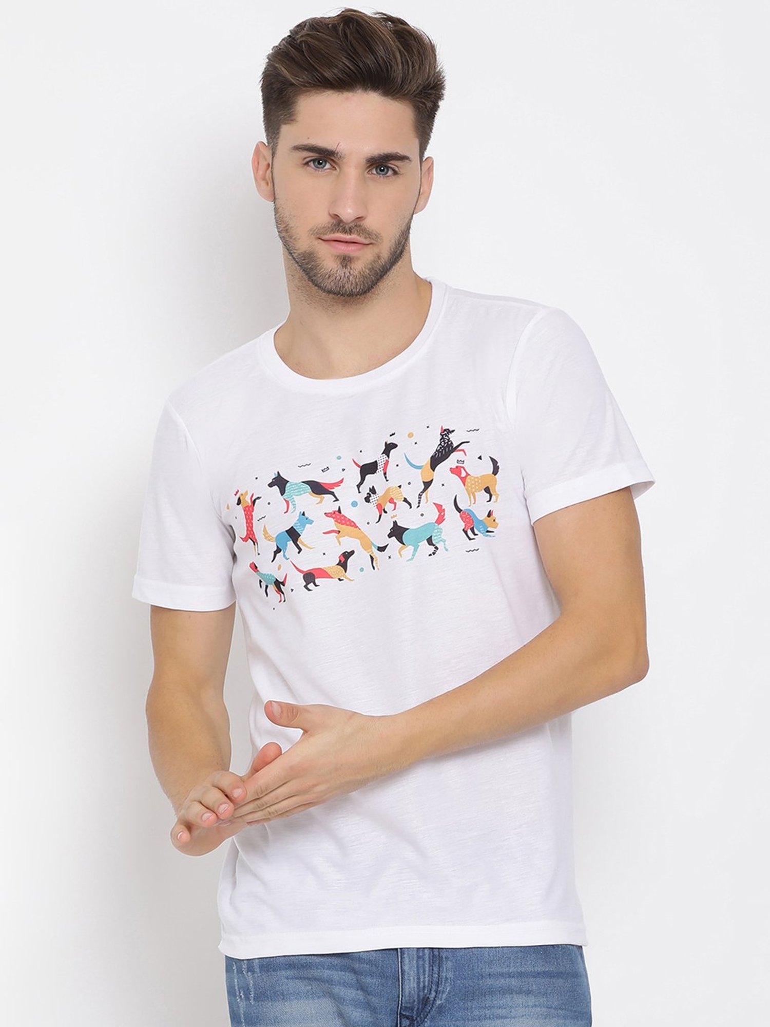 Hangup Plus White Regular Fit Printed Crew T-Shirt