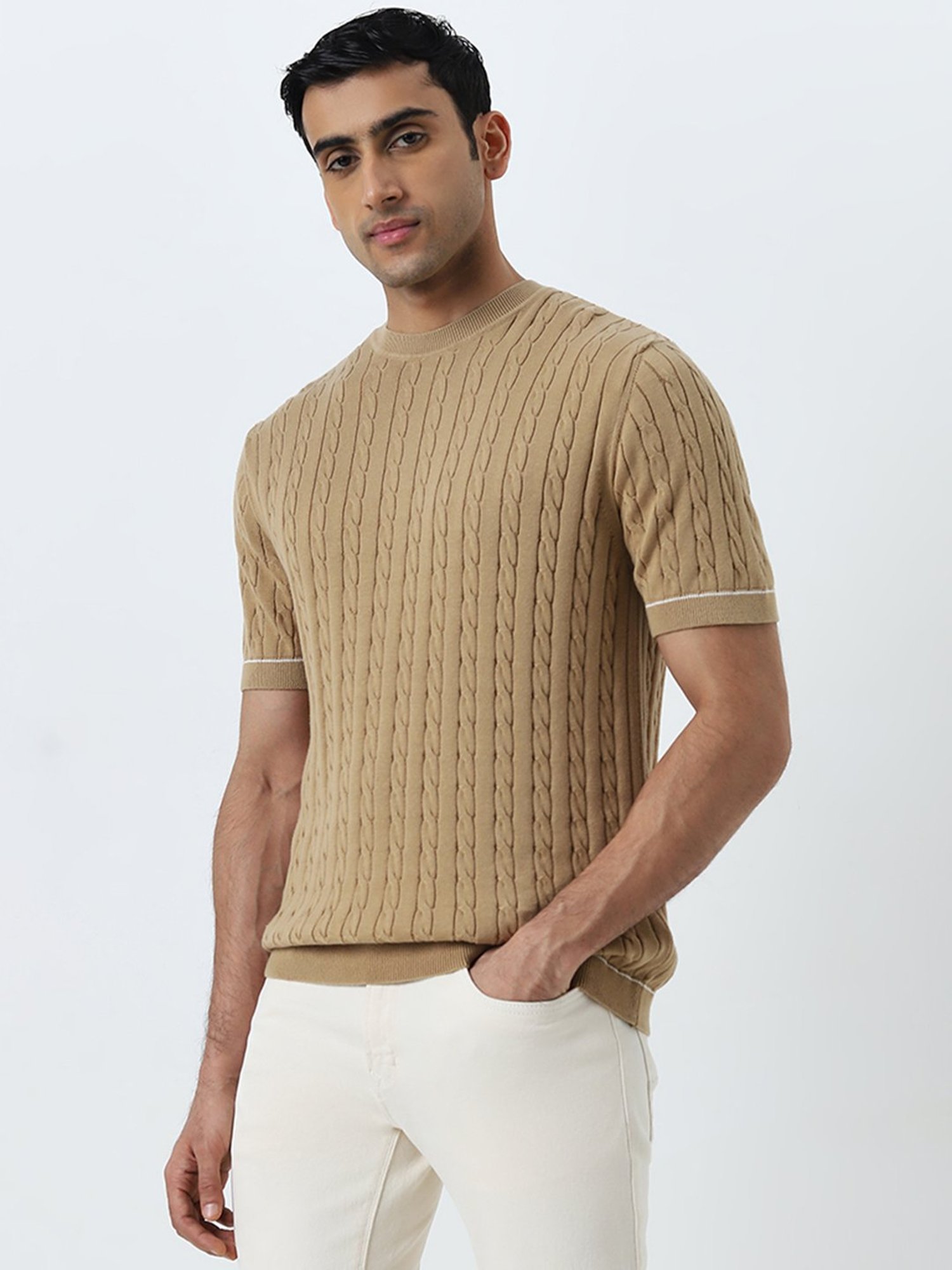 Ascot by Westside Beige Knit-Textured Relaxed-Fit Cotton T-Shirt