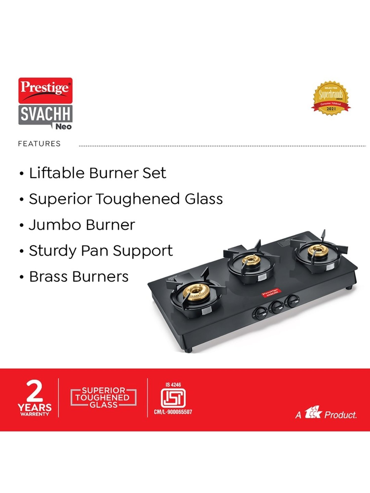 Pigeon Blackline Smart Black Glass Manual Gas Stove (2 Burners)