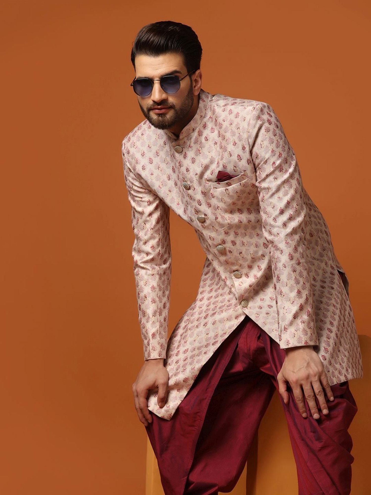 Hangup Plus Beige & Black Regular Fit Printed Sherwani Set