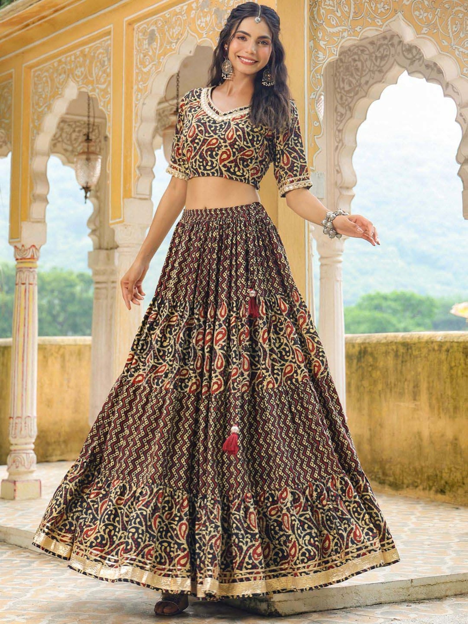 Janasya Black Cotton Printed Lehenga Choli Set With Dupatta