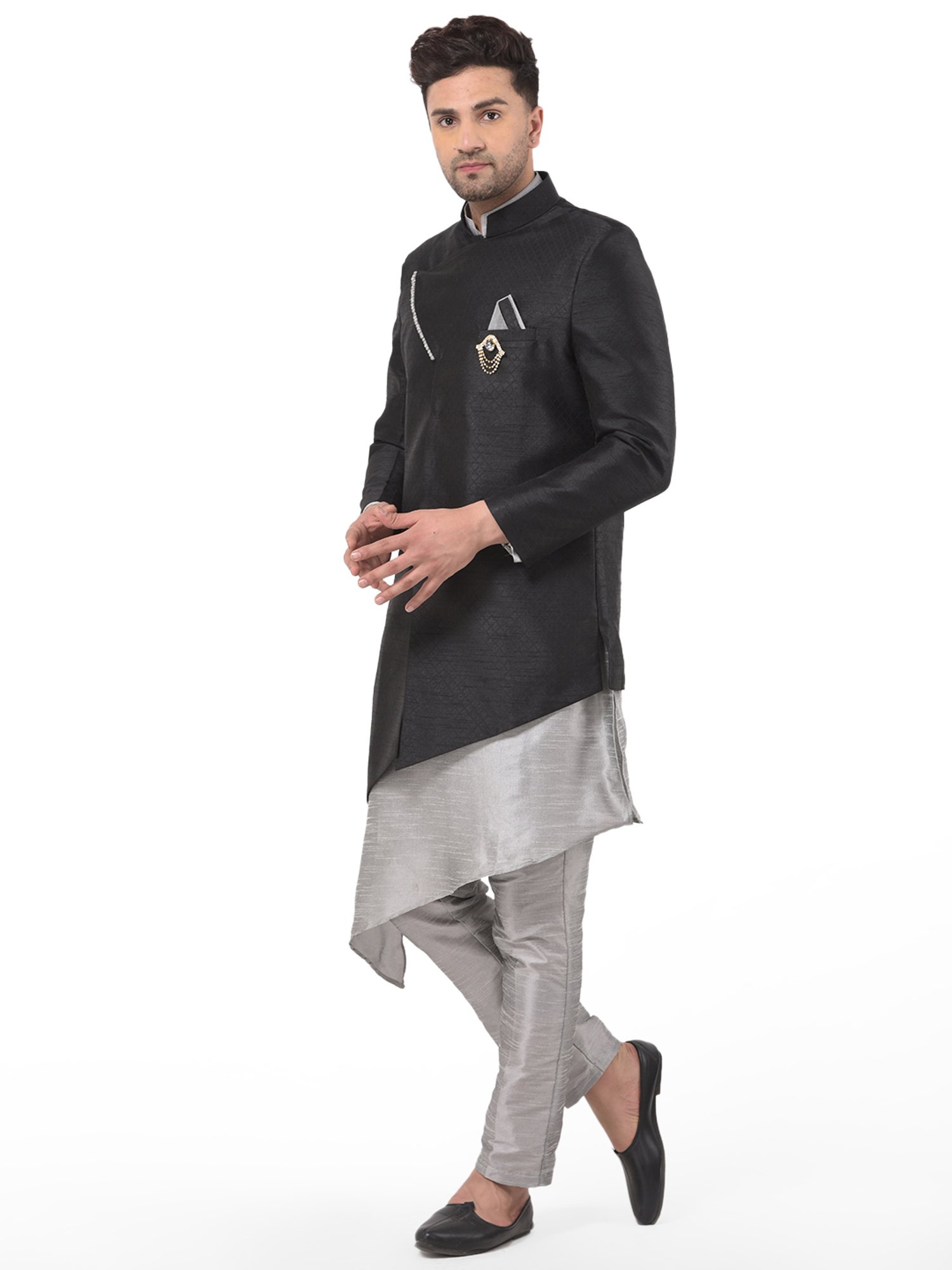 SG RAJASAHAB Grey & Black Regular Fit Kurta Set