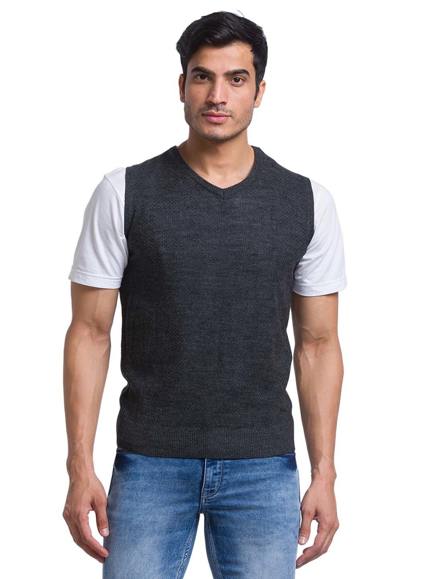 Parx Dark Grey Regular Fit Self Design Sweater