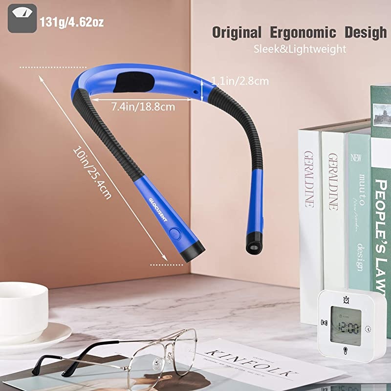 LED Neck Reading Light Book Light for Reading in Bed 3 Colors 6 Brightness Levels Bendable Arms Rechargeable Long Lasting Blue Perfect for Reading Knitting Camping Repairing