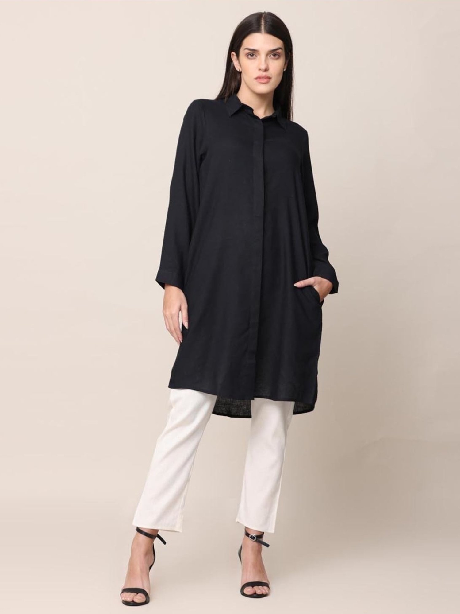 Saltpetre Classic Black Long Shirt with Cream Pant in Linen