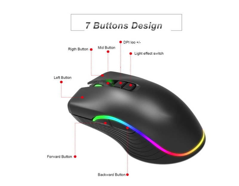 Wireless Gaming Mouse with Type C Fast Charger Silent Click Wireless Rechargeable Mouse with Colorful LED Lights and 2400/1600/800 DPI 600mah Lithium Battery for Notebook and Desktop Computer (Black)