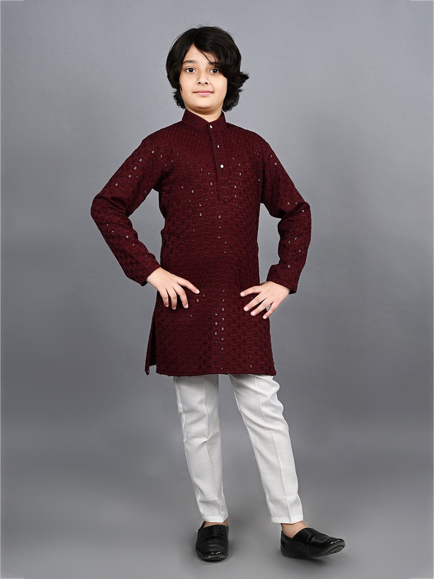 Ahhaaaa Kids Maroon & White Embellished Full Sleeves Kurta With Pyjamas