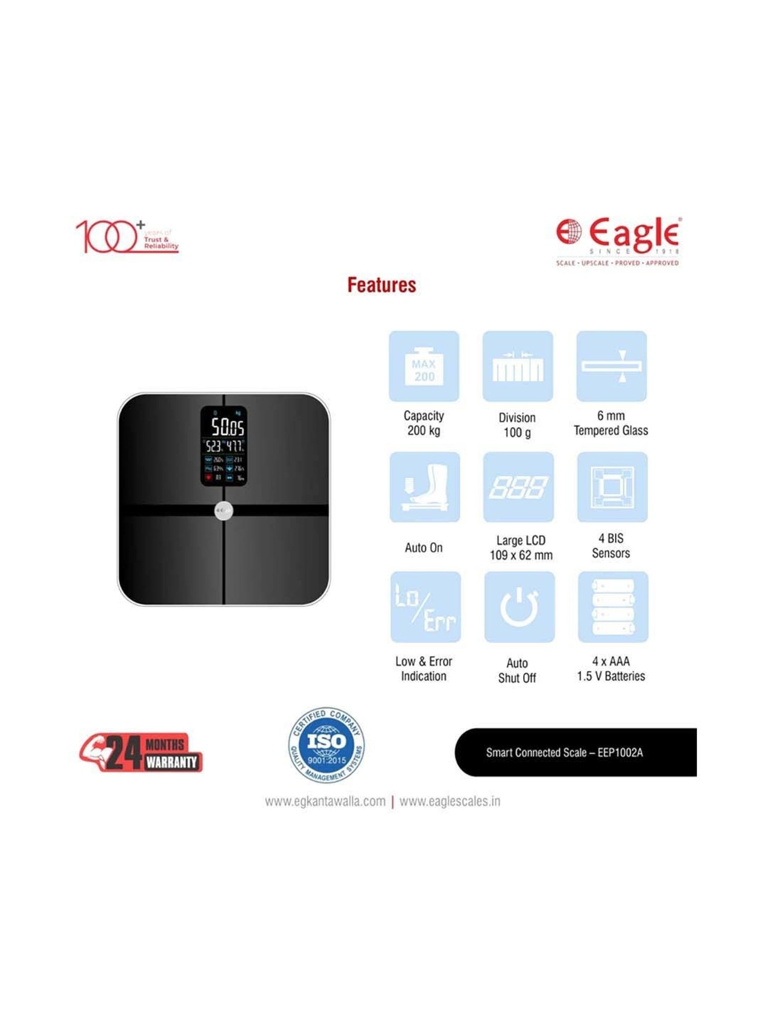 Eagle EEP-1002A Digital Weight Machine for Body 200 kg Capacity,100 g Accuracy, Smart Weighing Scale