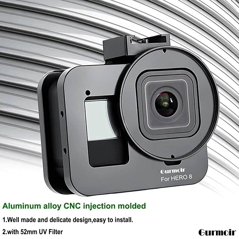 Back Door Case Aluminum Alloy Frame Housing for Gopro Hero 8 Black Action Camera, Wire Connectable Protective Metal Side Open Shell with 52mm UV Filter for Gopro Hero 8