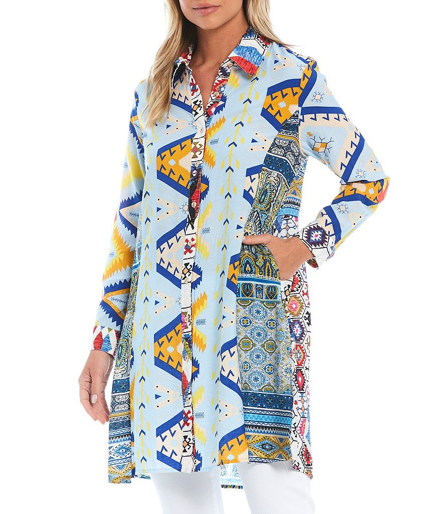 Calessa Southwest Print Long Sleeve Point Collar Duster Tunic