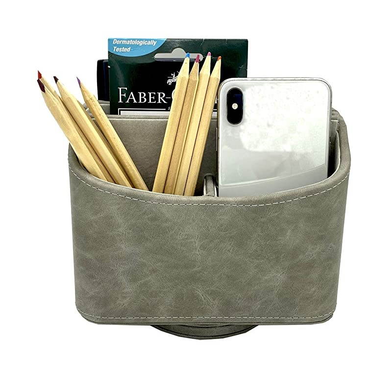 PU Leather 360 Degrees Rotatable Remote Control/Controller Organizer, Spinning TV Guide/Mail/Media Desktop Organizer Caddy Holder (Oiled Leather Grey)