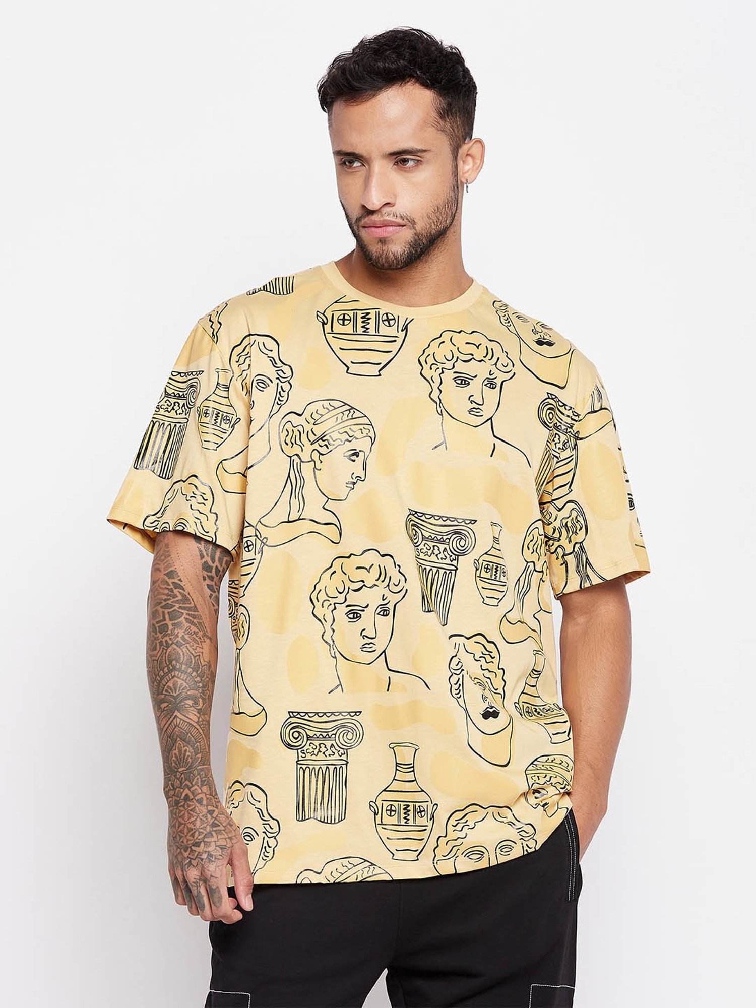 EDRIO Beige Regular Fit Printed T-Shirt