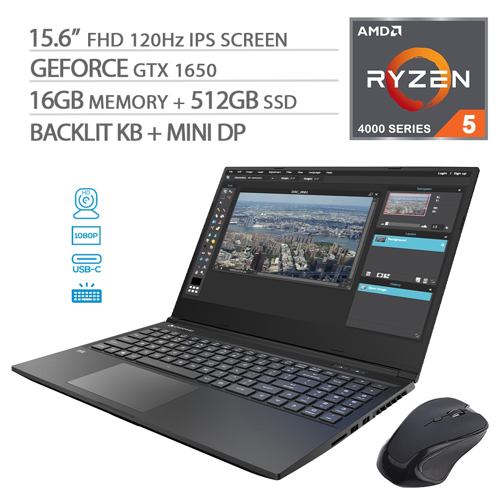Gateway Creator Series 1650 Gaming Laptop, 120Hz 15.6" FHD 1080p, AMD Ryzen 5-4600H 6-Core, GeForce GTX 1650, 16GB RAM, 512GB SSD, Backlit, USB-C, HDMI, Mini DP, Mytrix Wireless Mouse, Win 10