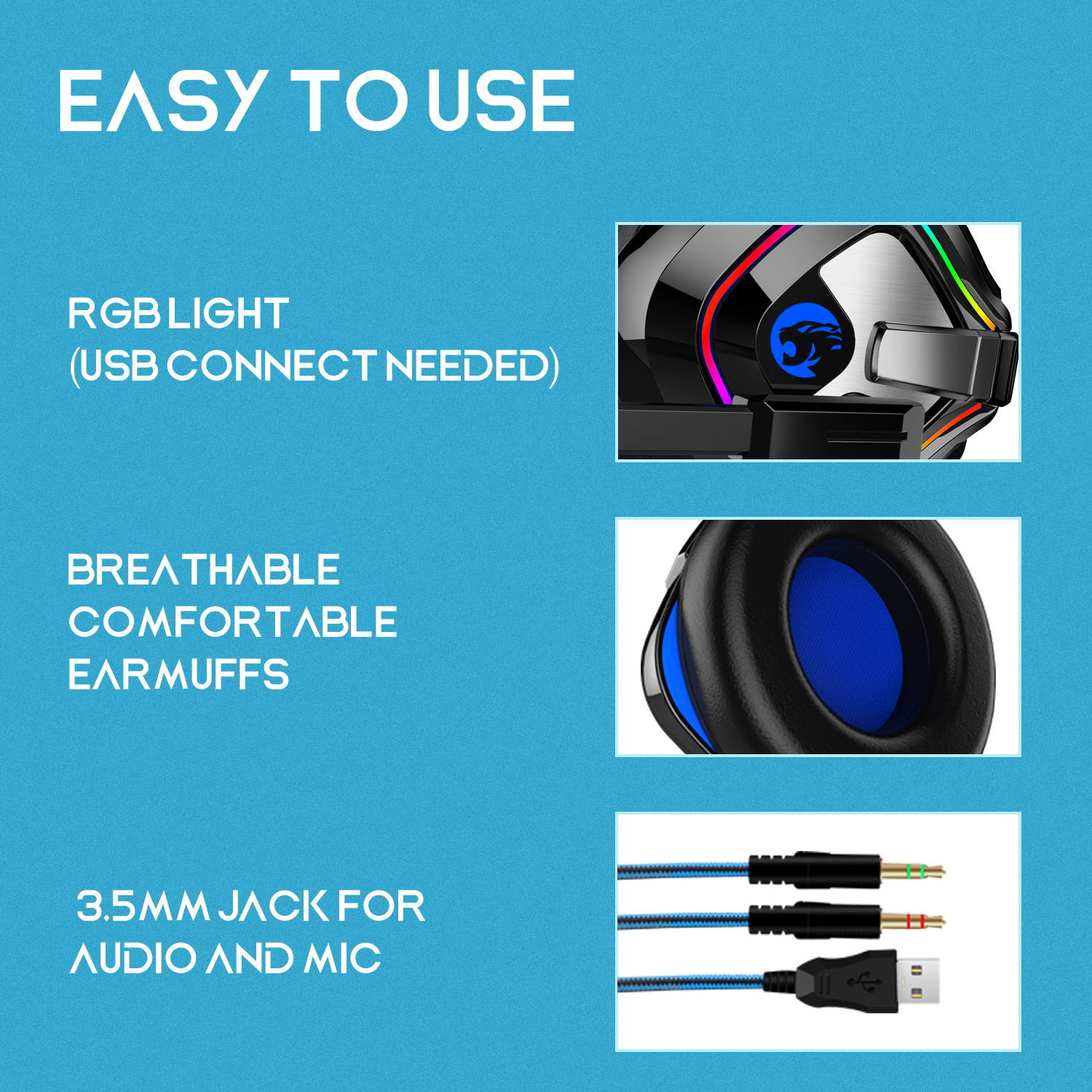 UKCOCO Gaming Headset Wired Headphones with Microphone, Enhanced 7.1 Surround Sound, USB Plug and 3.5mm Cable