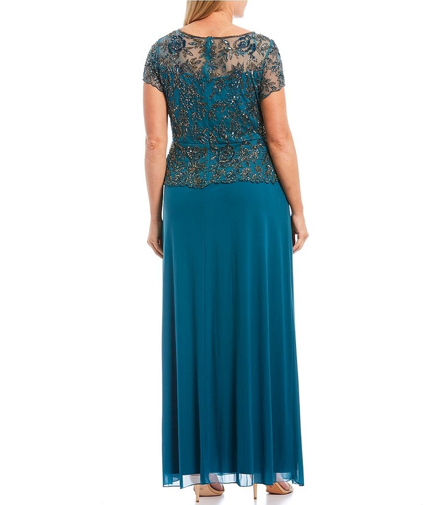 Pisarro Nights Plus Size Floral Vines Beaded Short Sleeve Peplum Flounce Bodice Chiffon Skirted Dress