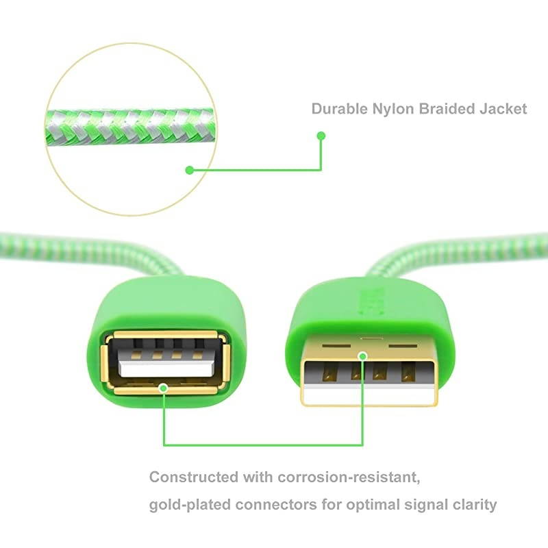 USB Cable Extension,  2 Pack 6 FT/1.83M Durable Nylon Braided USB 2.0 Extension Cable A Male to A Female Extender Cord Compatible with Keyboard, Mouse, Printer, Game Controller (Purple Green)