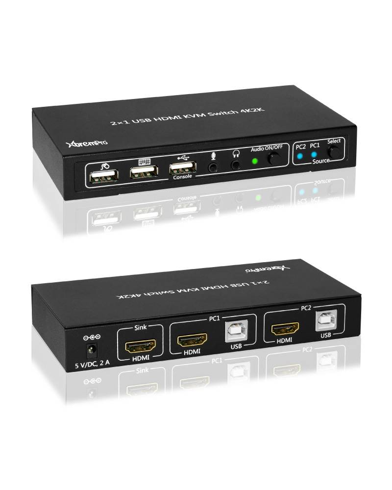 XtremPro 2x1KVM HDMI Port 1.4 & USB Type B w/2 Channels Switch w/USB Type A 2.0 Keyboard, Mouse, Console, Audio & Microphone Port for Window, Mac, Linux, Game consoles, DVD etc- Black (61076)