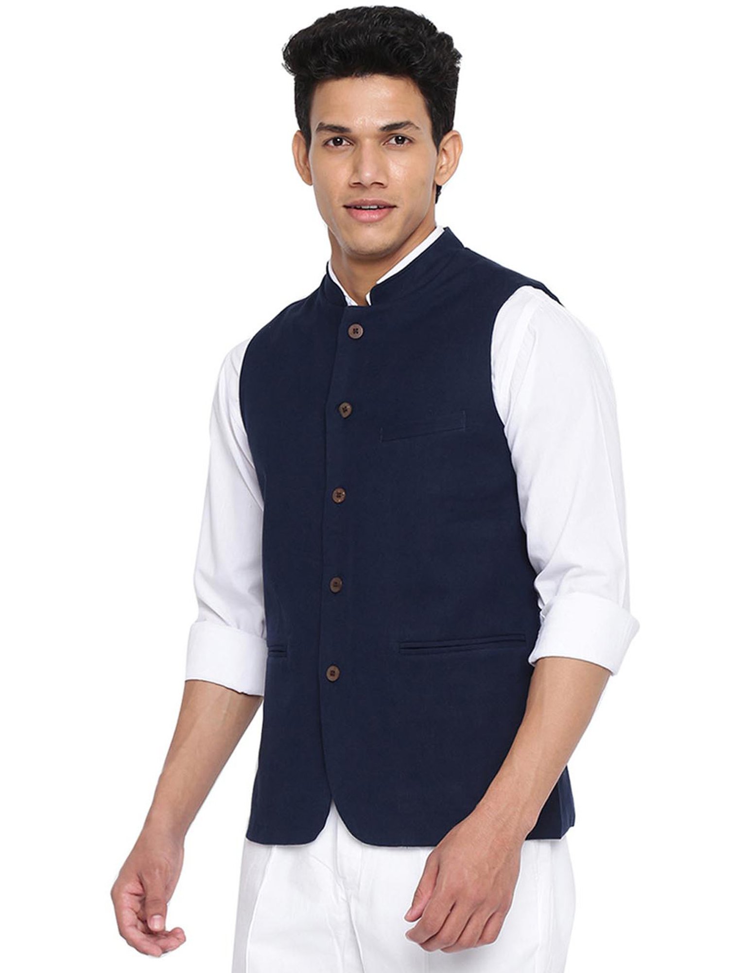 Fabindia Navy Cotton Slim Fit Nehru Jacket
