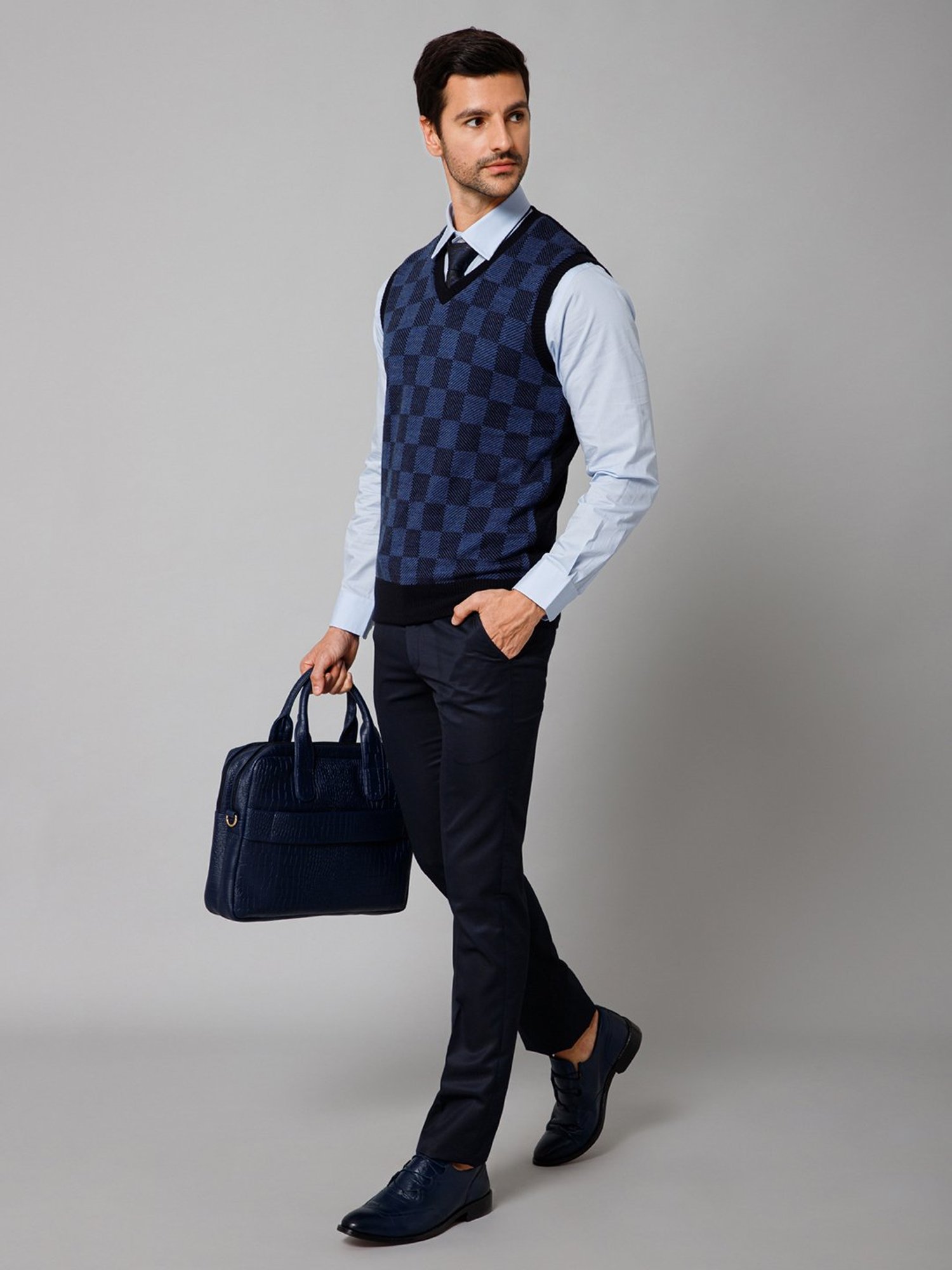 Cantabil Navy & Black Regular Fit Check Reversible Sweater