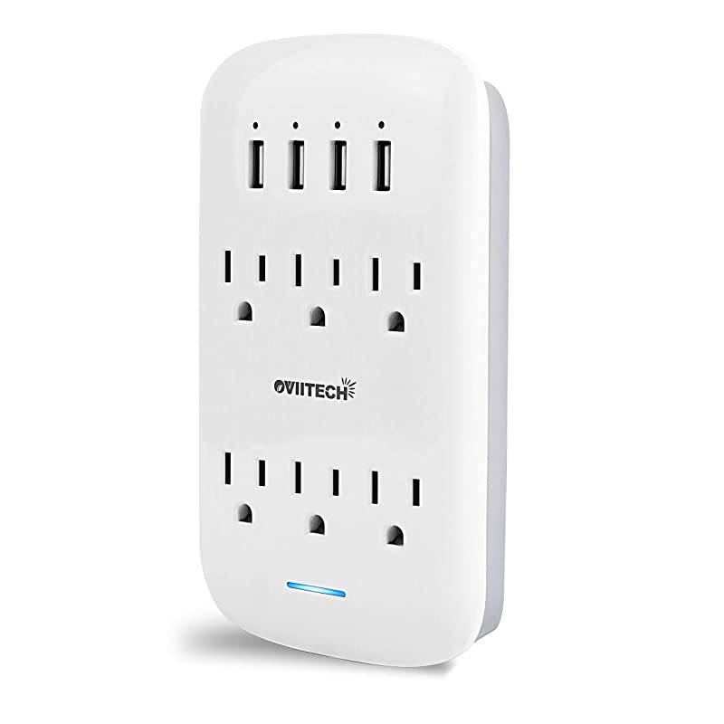6 Outlet Extender with 4 USB Charging Ports42A TotalWall Mount Outlet Plugs 900 Joules Wall Surge Protector And Top Phone HolderETL ListedWhite