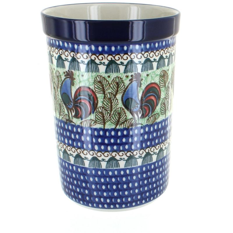 Blue Rose Polish Pottery Rooster Row Utensil Jar