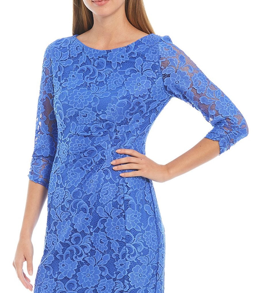 Tahari ASL Round Neck 3/4 Sleeve Stretch Lace Sheath Dress