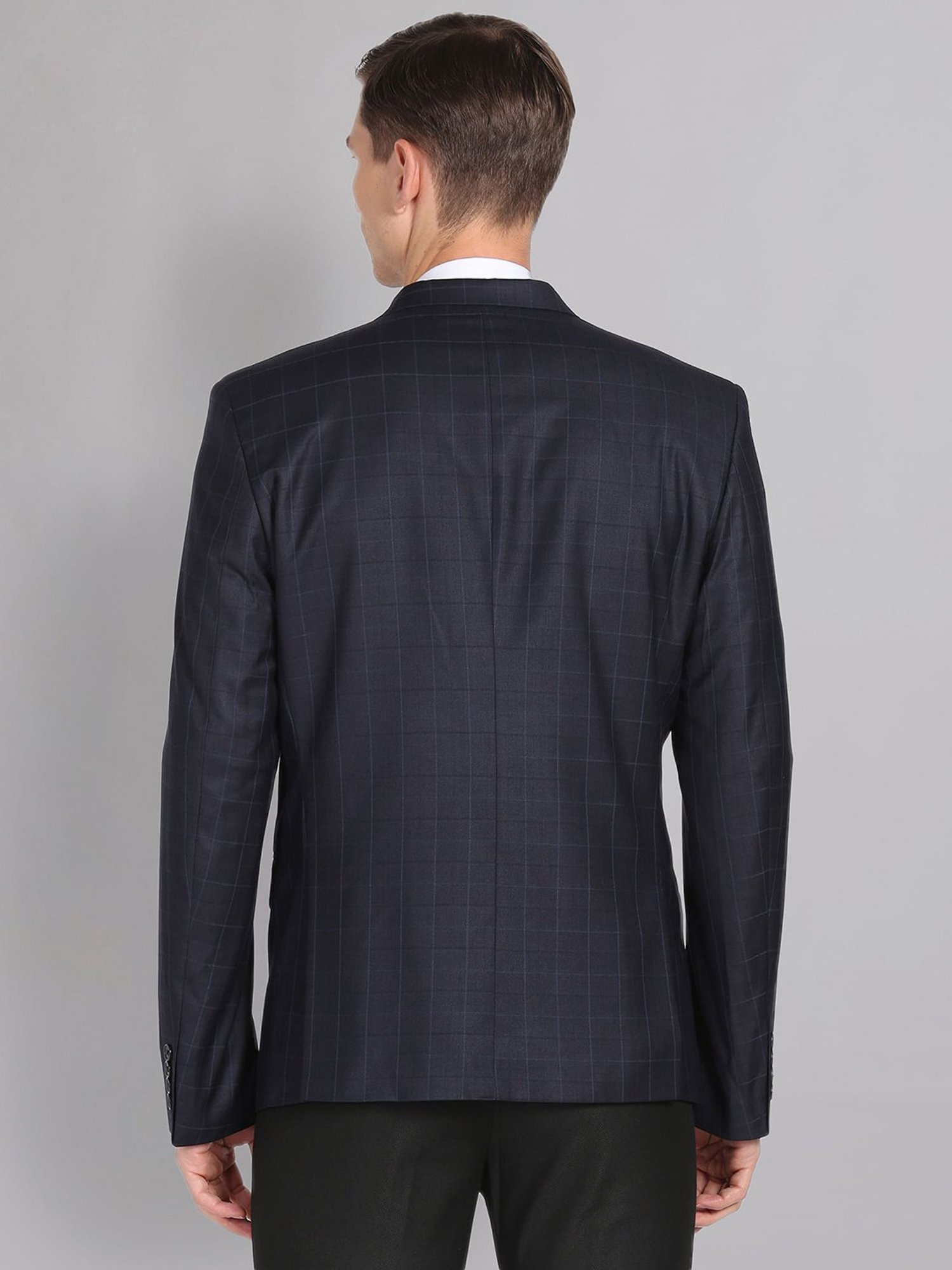 AD by Arvind Navy Regular Fit Check Notch Lapel Blazer