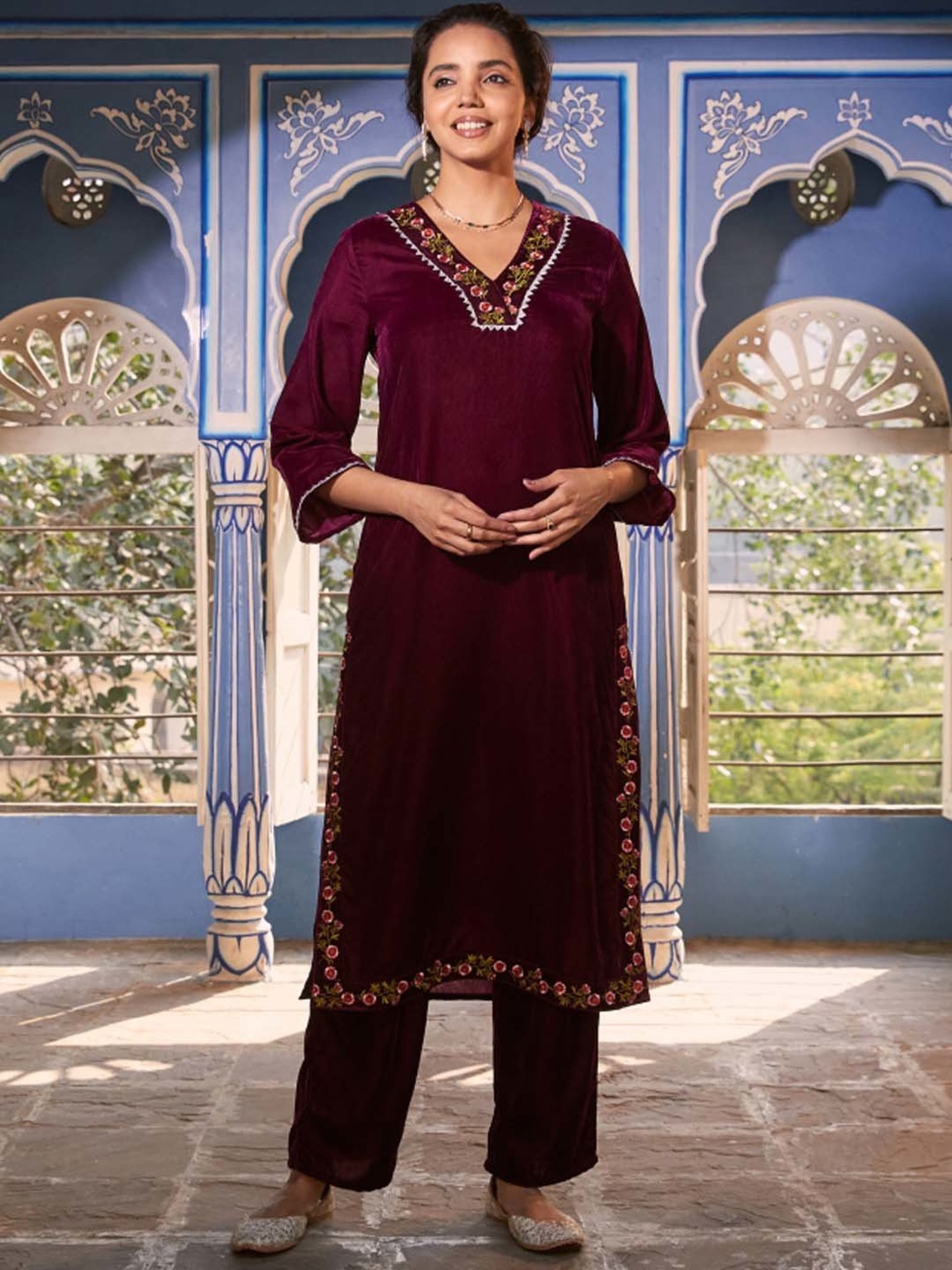 Rustorange Pink Embroidered Straight Kurta