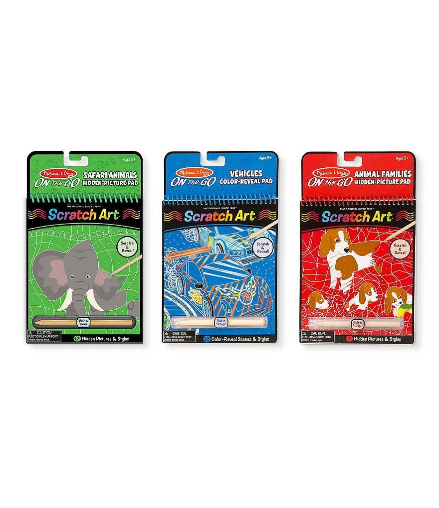 Melissa & Doug Scratch Art Pad Bundle - Vehicles Color-Reveal and Safari & Animal Hidden Pictures Activity Set