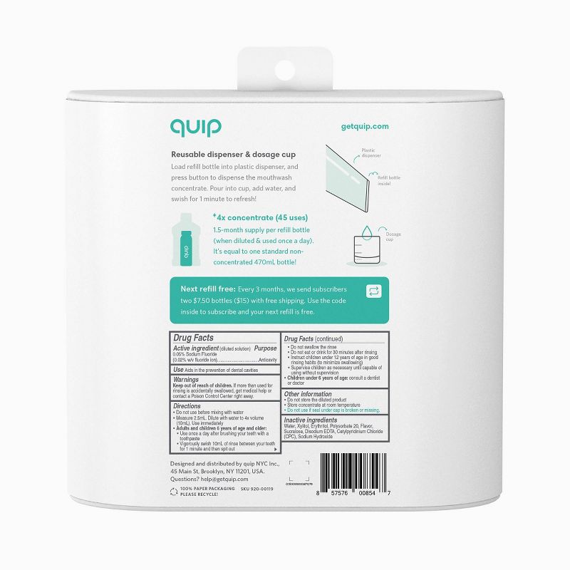 quip Plastic Refillable Mouthwash Starter Kit - Reusable Dispenser + Cup - 45-Use / 4x Concentrate / Mint Anticavity Fluoride Refill Included - White