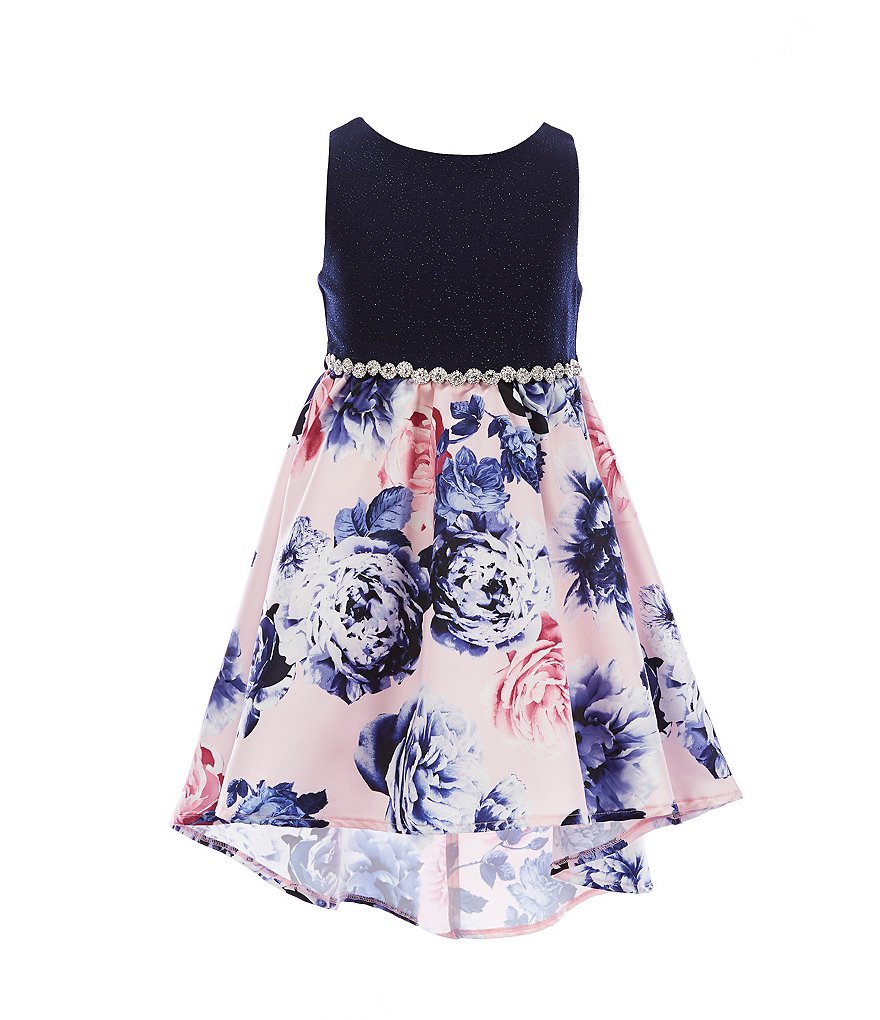 Rare Editions Little Girls 2T-6X Bow-Waist Satin/Jacquard-Stripe Hi-Low Ballgown