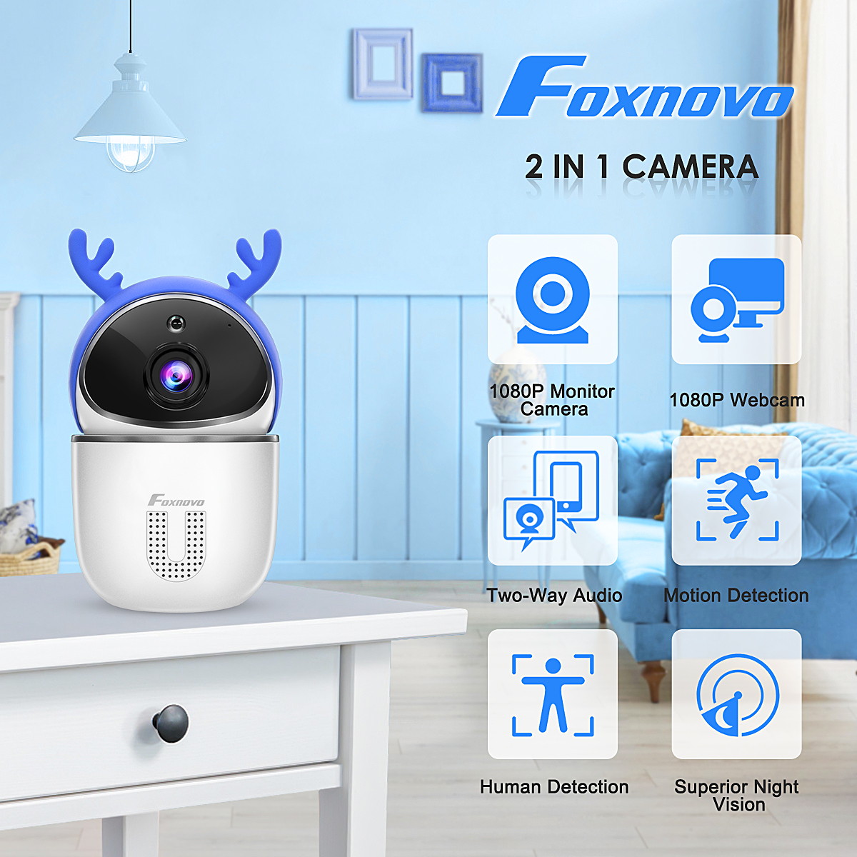 Foxnovo Intelligent Monitor Camera 2 in 1 Ultra Wi-Fi Camera Lovely Antler Wireless Detection Camera IR Night Vision Security Camera for Home Baby Pet Safety