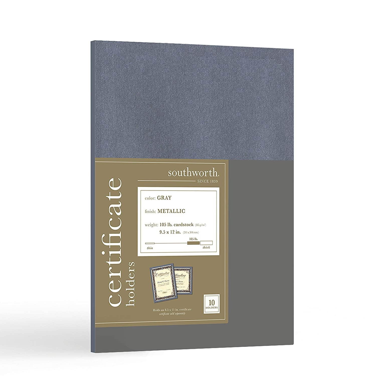 Southworth Certificate Holders, 9.5&rdquo; x 12&rdquo;, 105 lb/285 GSM, Gray Metallic, Cardstock, 10 Count - Packaging May Vary (98869)