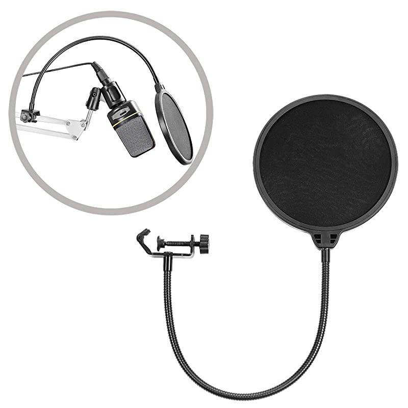 Desktop Microphone Suspension Boom Scissor Arm Stand with Microphone Clip Holder Table Mounting Clamp and Pop Filter Windscreen Mask Shield Kit for Studio BroadcastingSingingRecordingWhite