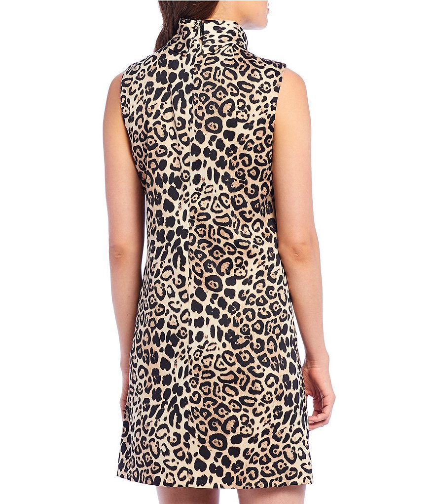Alex Marie Mary Leopard Print Satin Mock Neck Sleeveless Shift Dress