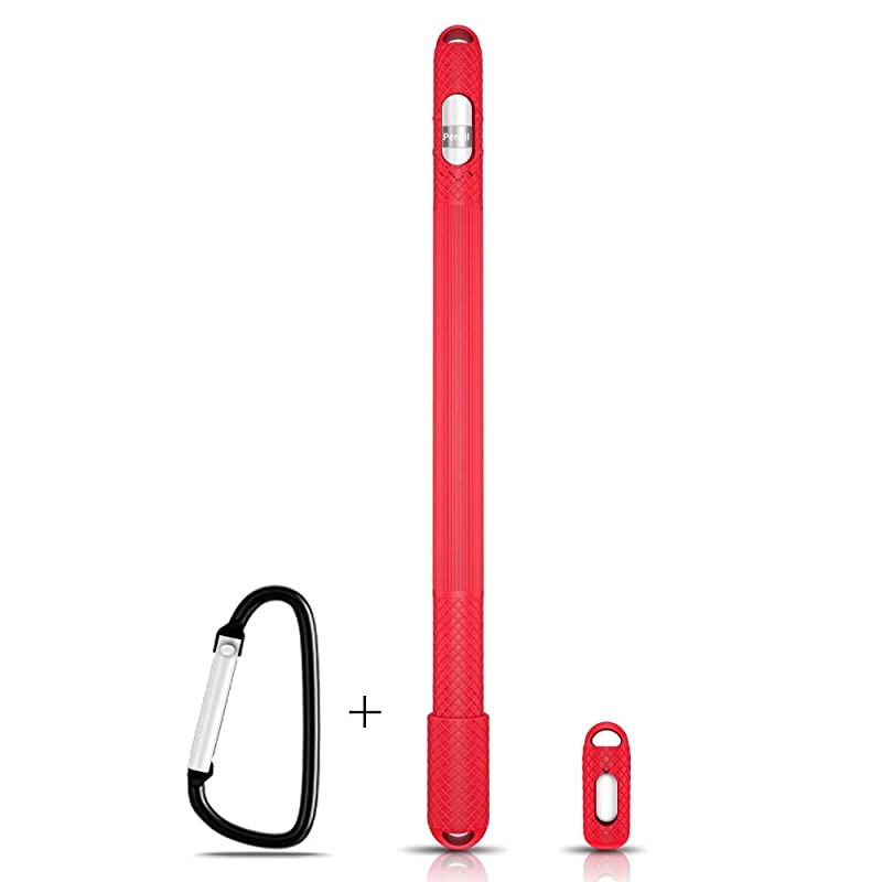 Silicone Case Compatible with Apple Pencil Holder Sleeve Skin Pocket Cover Accessories for iPad Prowith Charging Cap HolderProtective Nib Covers and Lightning Adapter Case Red