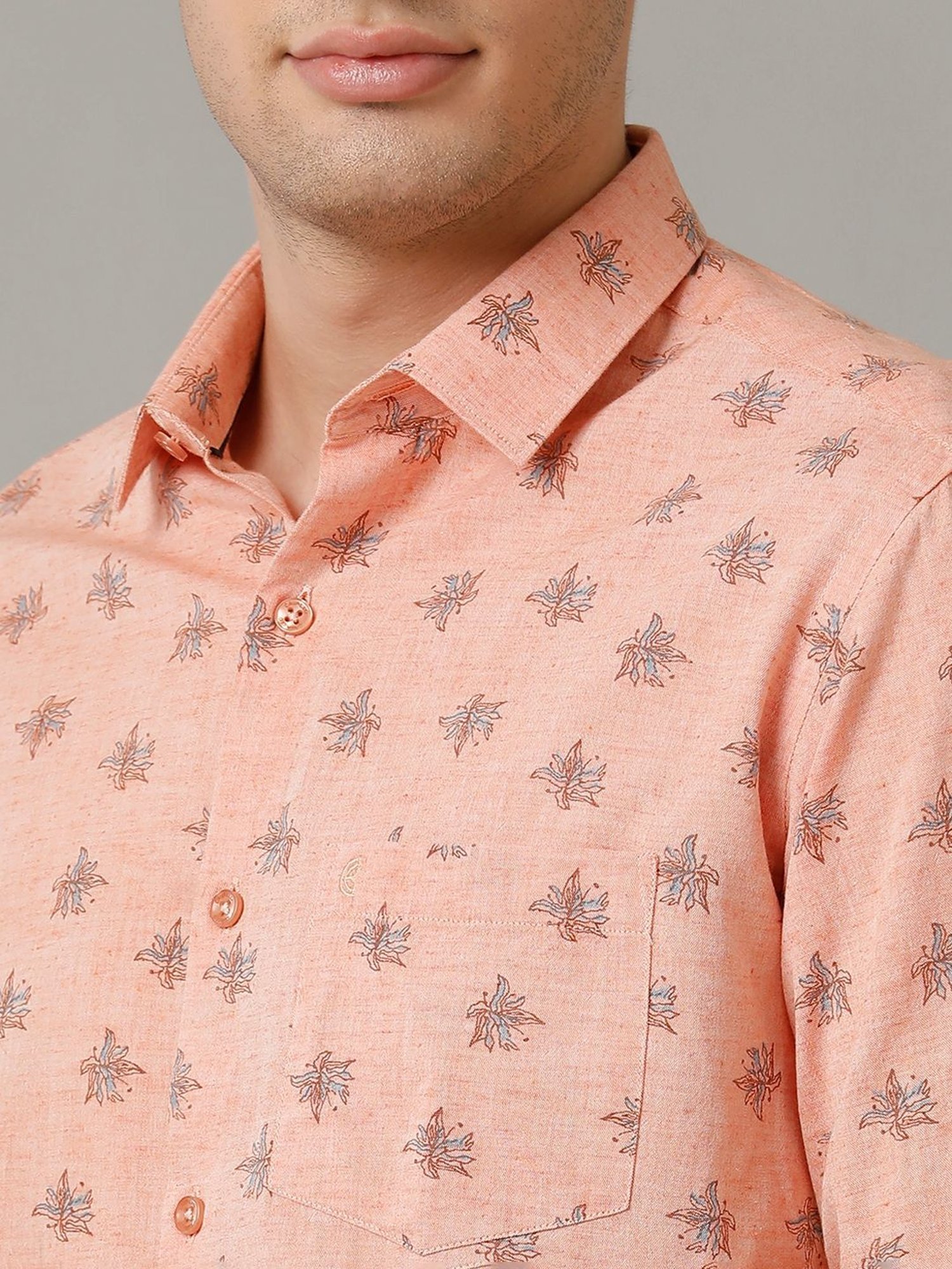 Cavallo By Linen Club Orange Linen Contemporary Fit Printed Shirt