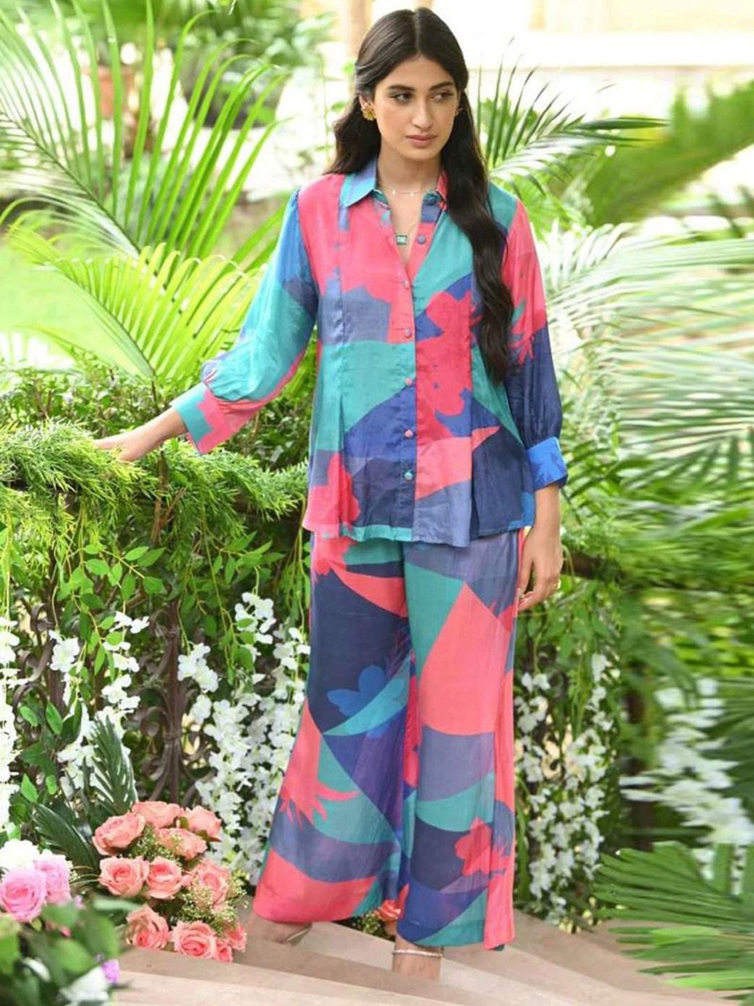 Mahee Jaipur Blue & Green Blue and Green Geometric Botanic design Shirt with Pant Co-ord Set