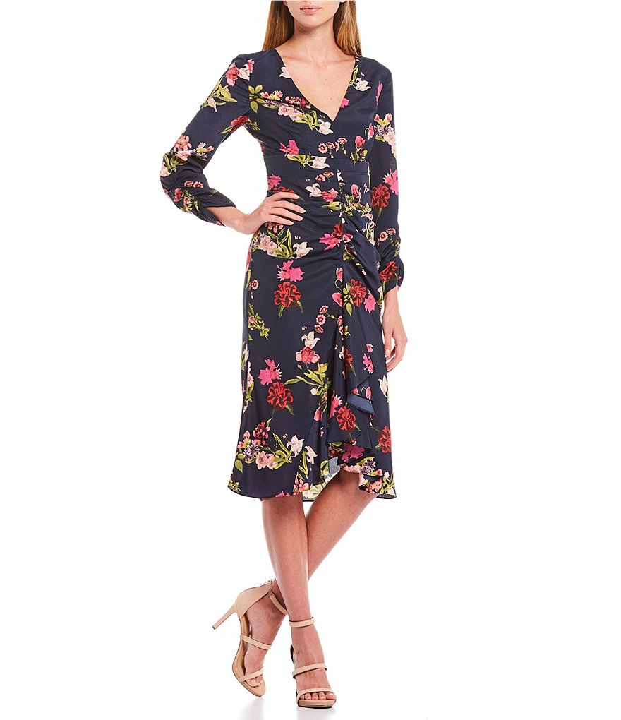 Eliza J Ruffle Front Floral Crepe de Chine V-Neck Long Sleeve Tulip Midi Dress