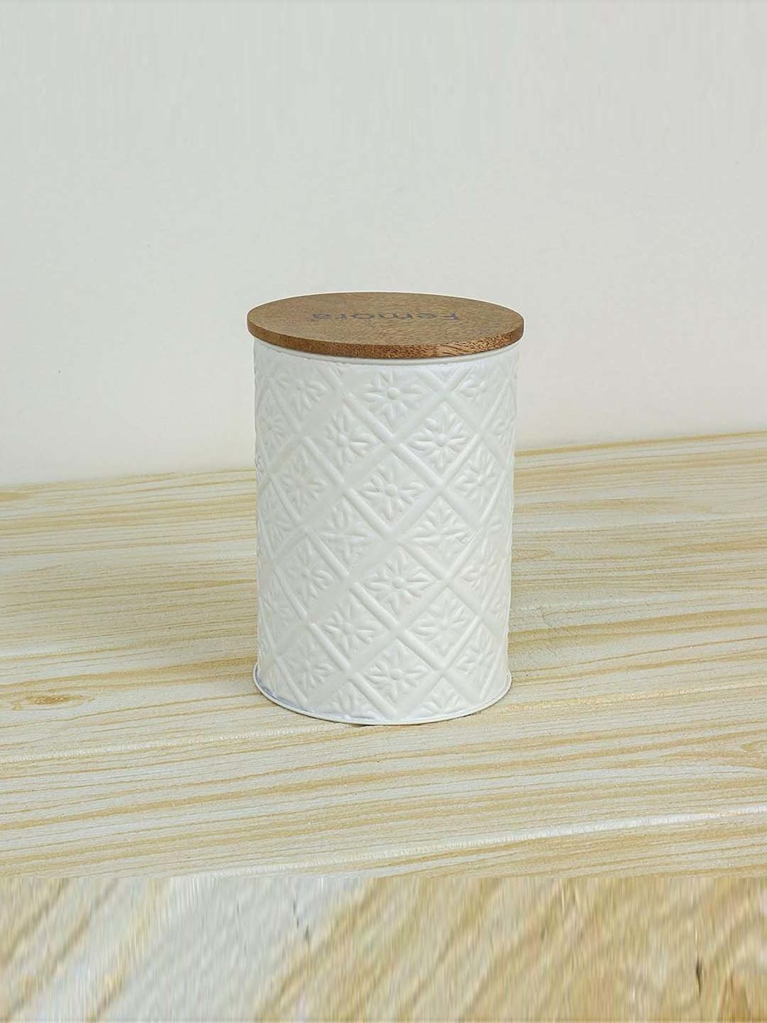 Femora White Steel Canister Hammered Finish Airtight Storage Jar With Wooden Lid (0.9 L) - Set of 4
