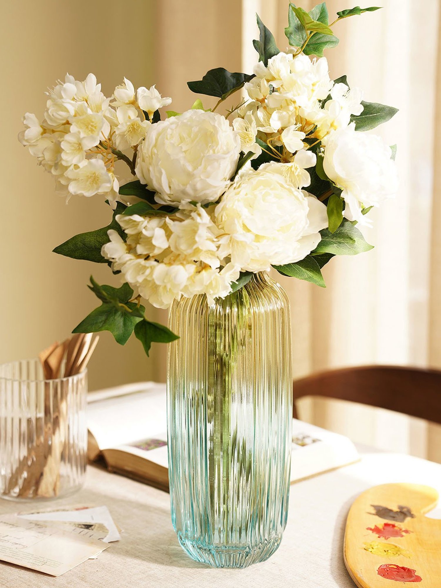 Pure Home and Living Blue & Green Glass Ribbed Vase