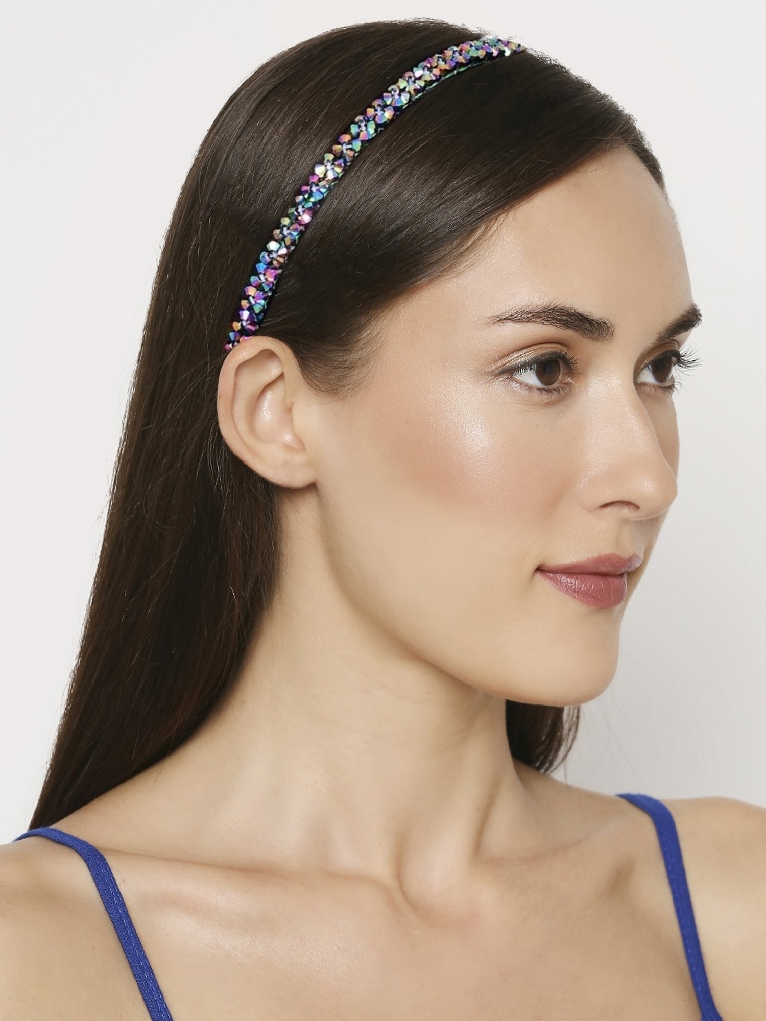 OOMPH Black, Silver Metallic Multicolor Shimmer Crystal Studded Thin Hair Band - Combo of 3