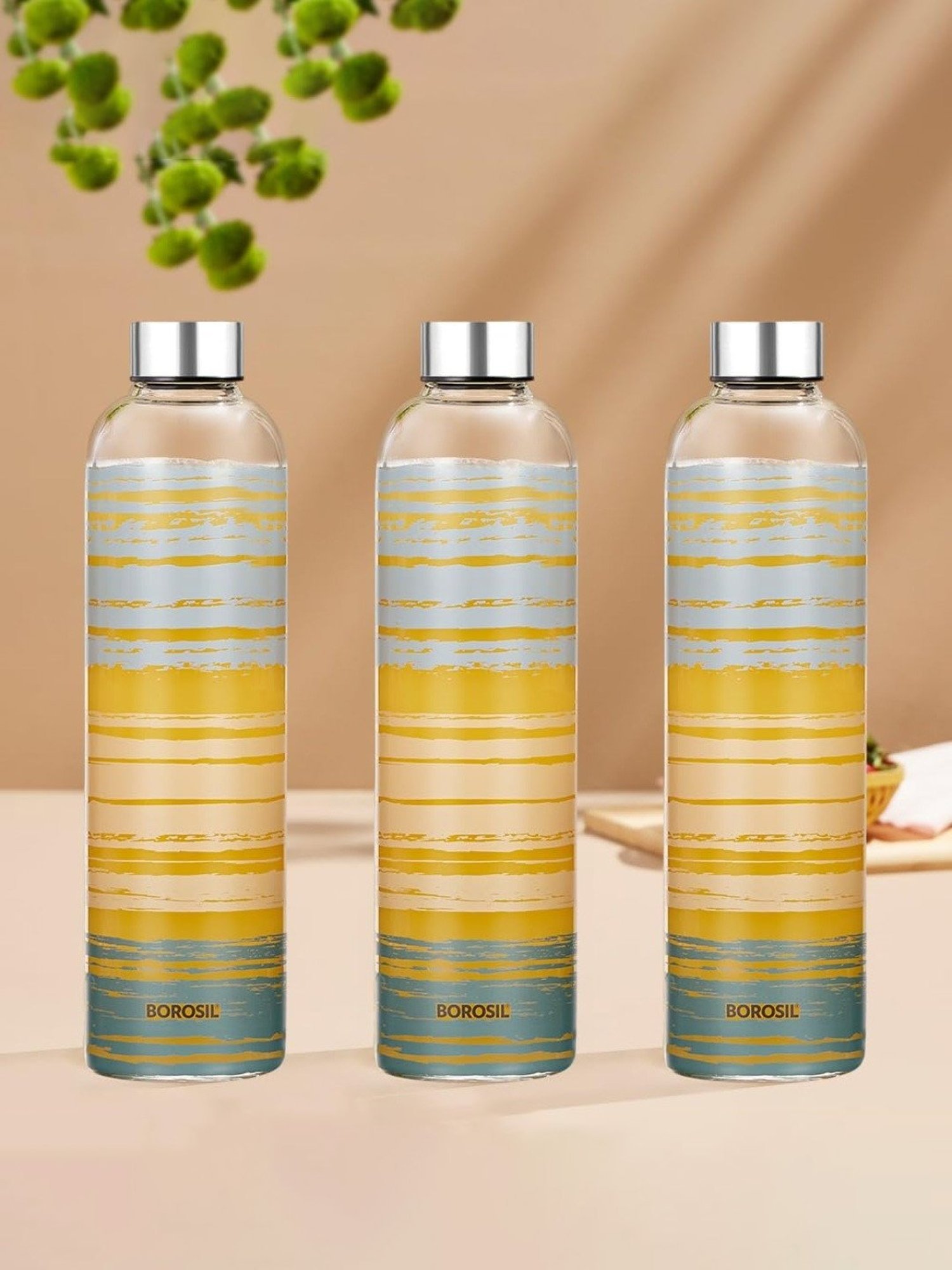 Borosil Water Bottle with Fridge Safe & Leakproof Set of 2 (Transparent, 1000 ml)