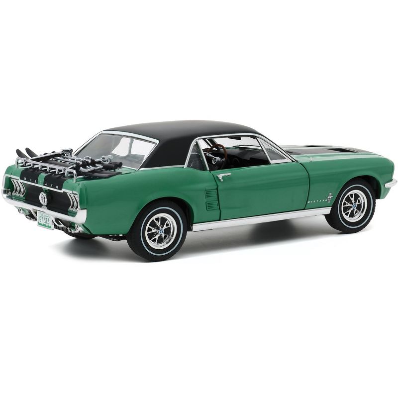 1967 Ford Mustang Coupe Loveland Green Metallic w/Black Stripes & Black Top & a Pair of Skis 1/18 Diecast Model Car Greenlight