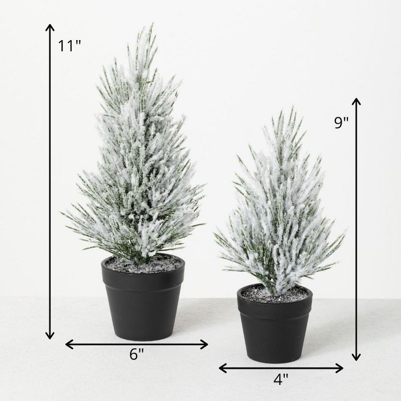 Sullivans Flocked Pine Artificial Tree Set of 2, 11"H & 9"H Green