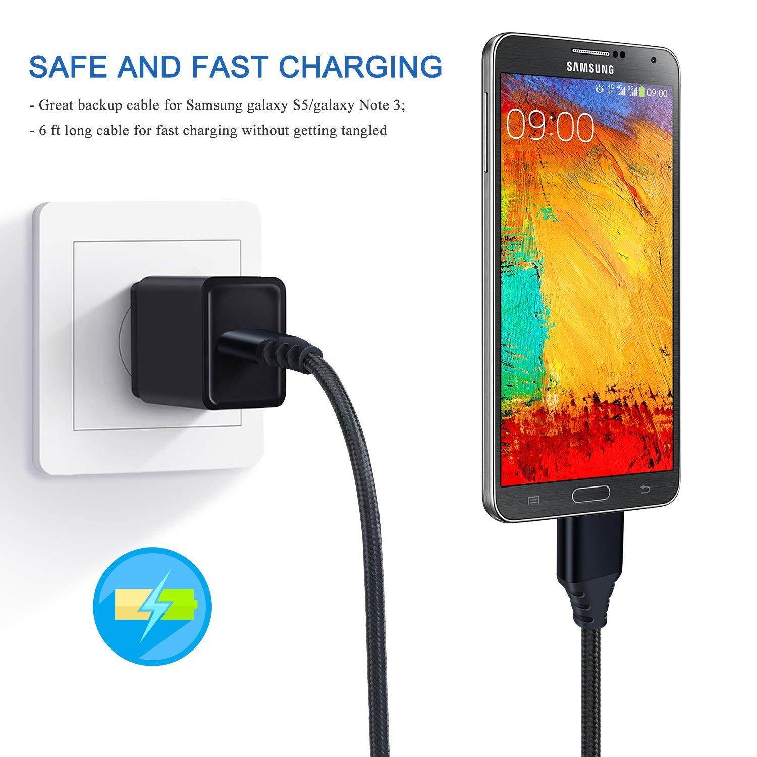 Galaxy S5 Charging Cable, Besgoods 3-Pack 6ft Braided Micro USB 3.0 Cable USB A Male to Micro B Charger Cable Compatible for Samsung Galaxy S5, Note 3, Hard Drive - Black White Blue