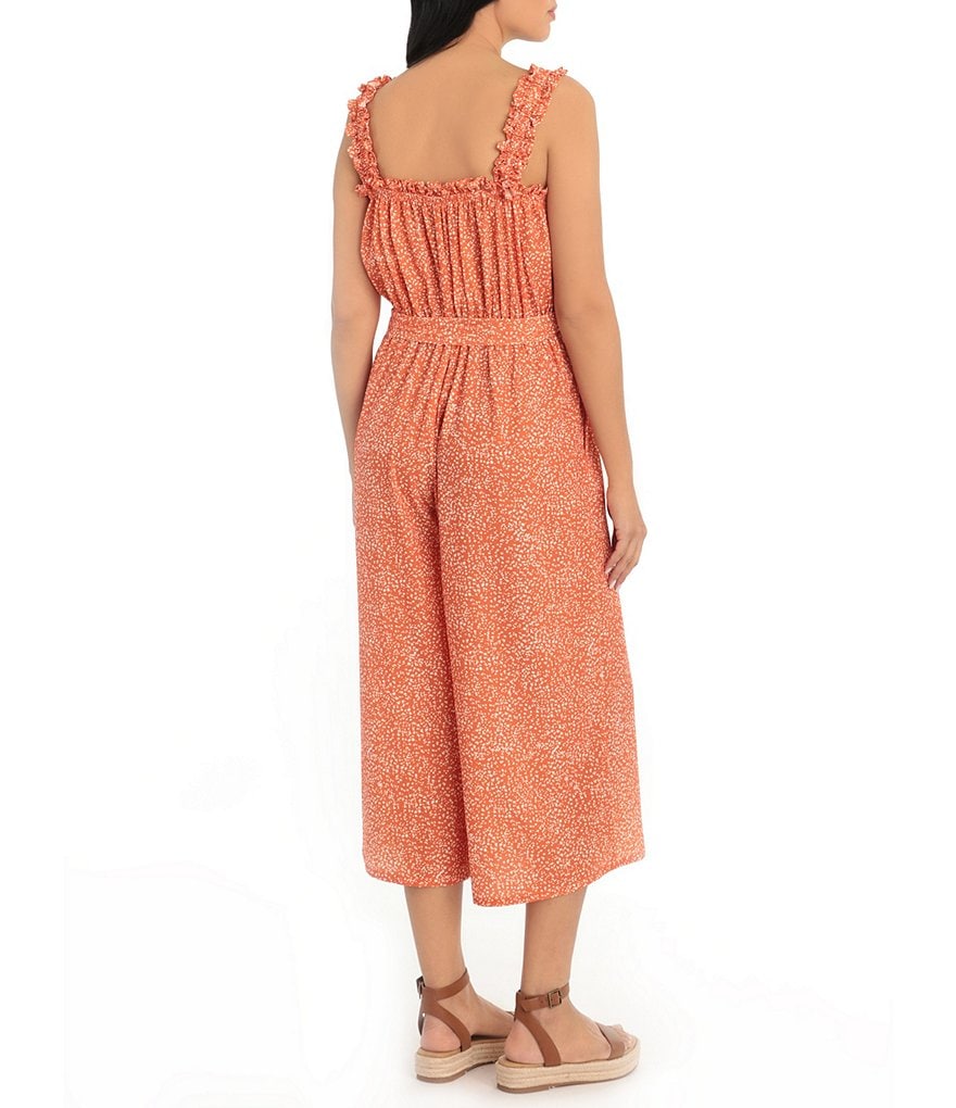 London Times Petite Size Square Neck Sleeveless Ruched Cropped Crepe Jumpsuit