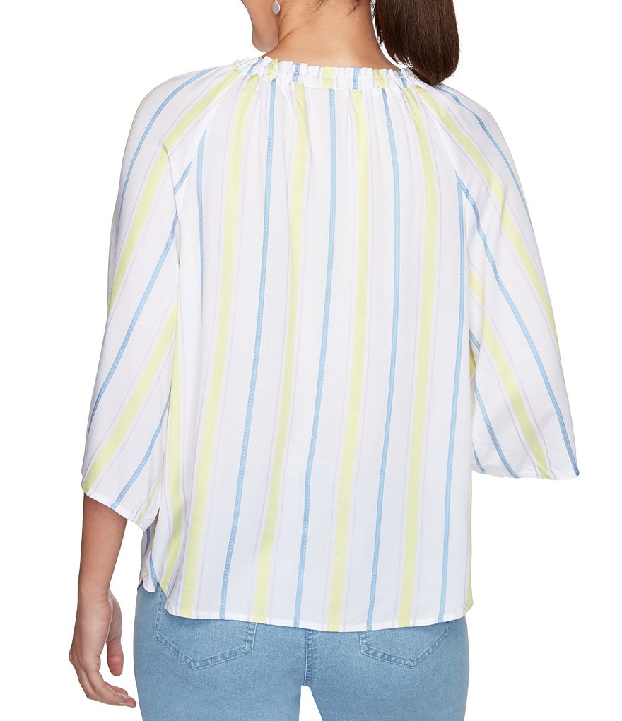 Ruby Rd. Petite Size Stripe Tassel Tie Ruched Notch Neck 3/4 Sleeve Peasant Top