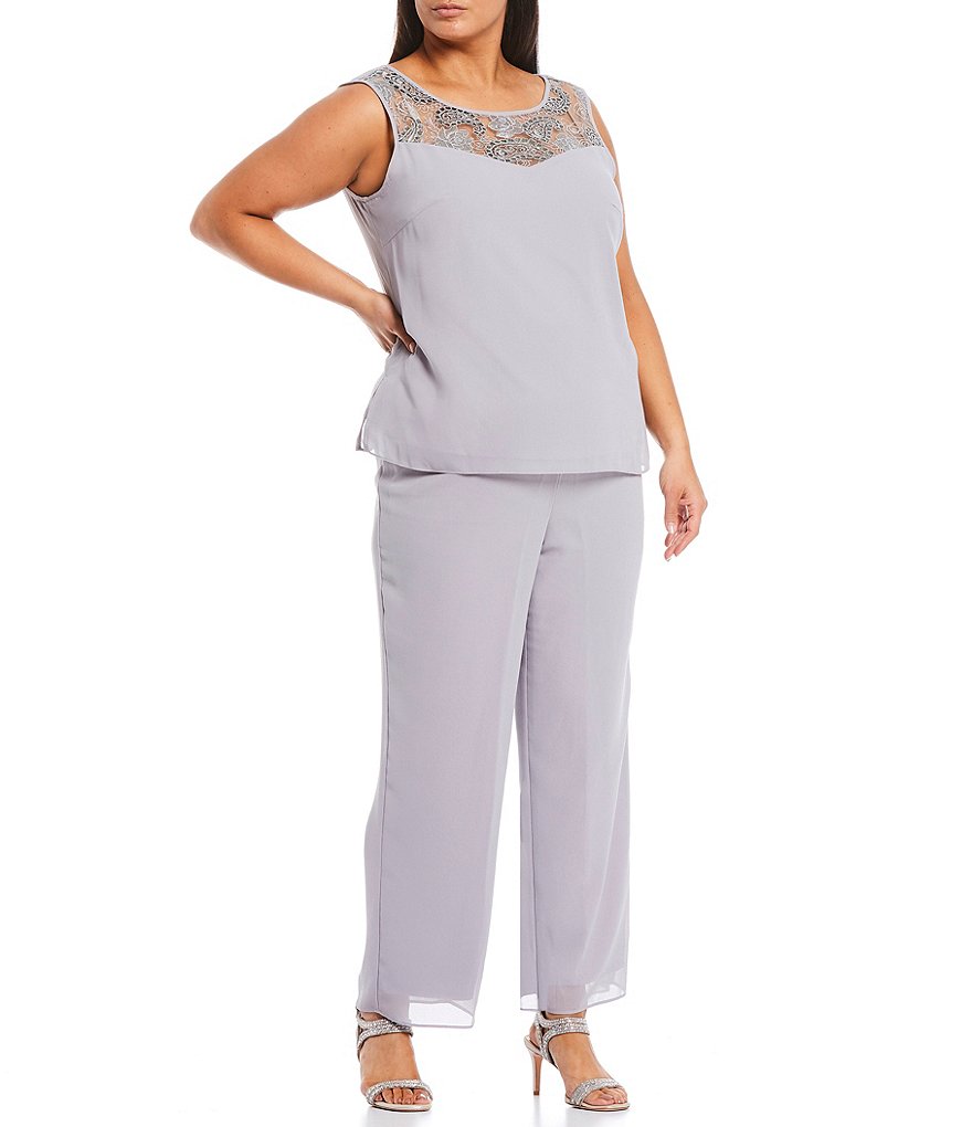 Le Bos Plus Size Crew Neck 3/4 Sleeve Chiffon Embroidered 3-Piece Pant Set