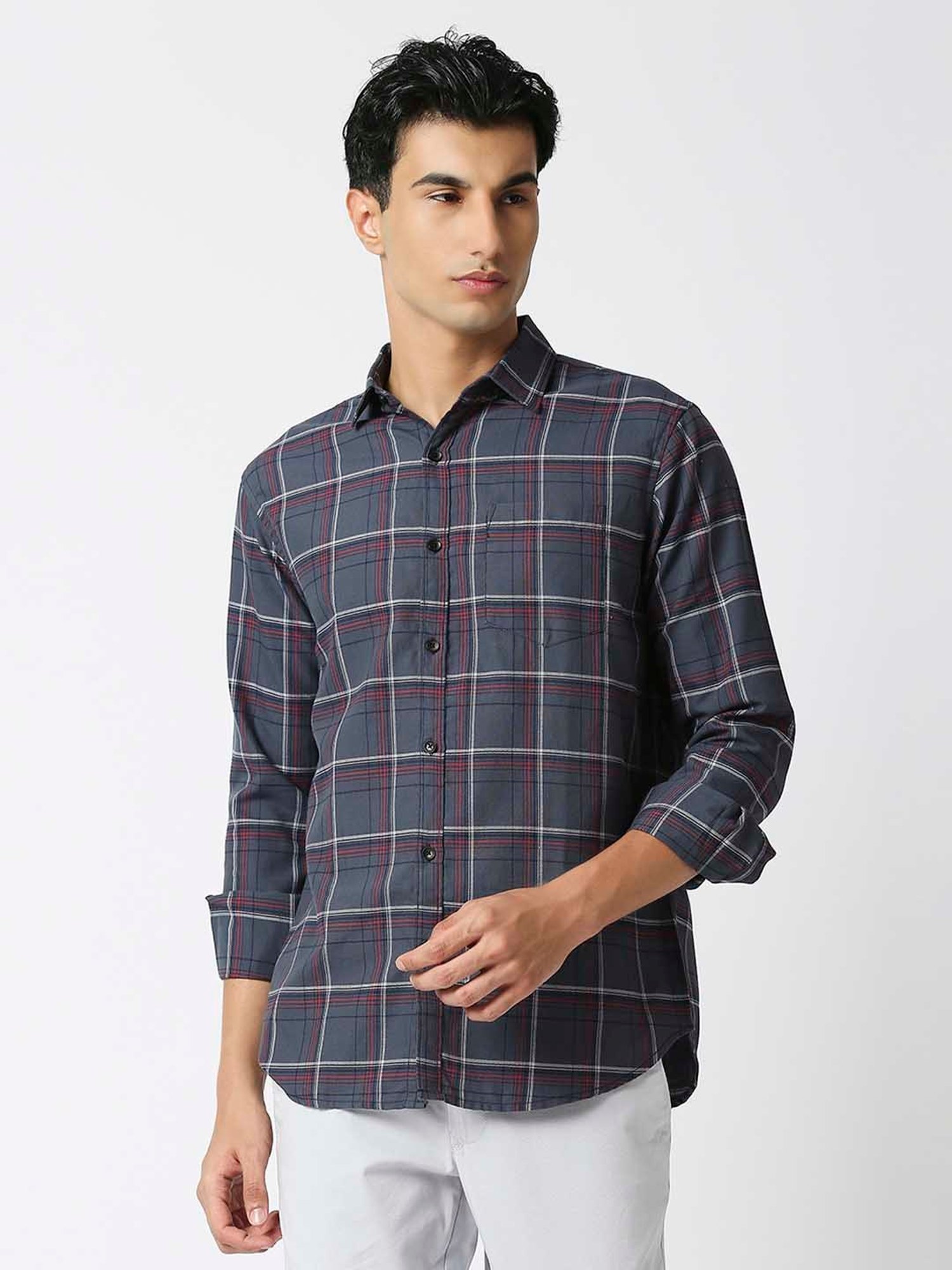 HJ HASASI Grey Slim Fit Check Cotton Shirt